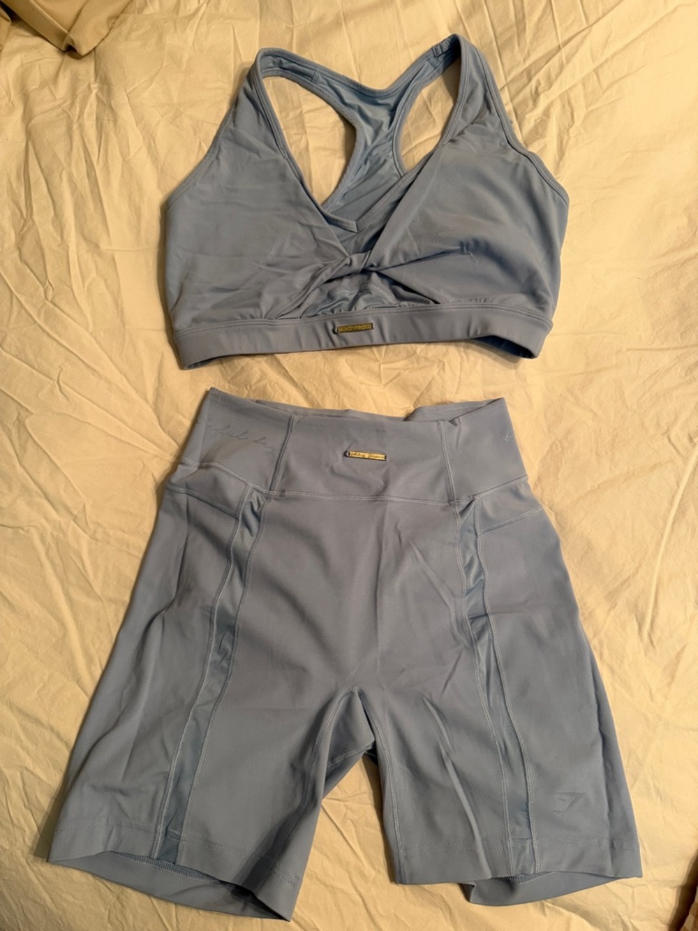 Gymshark Light Blue Sports Bra and High-Waist Bike Shorts Set